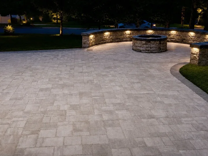 Large paver patio lit at night with a curved seating wall and a fire pit