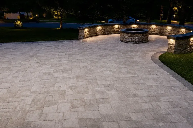 Large paver patio lit at night with a curved seating wall and a fire pit, built by Up North Scapes