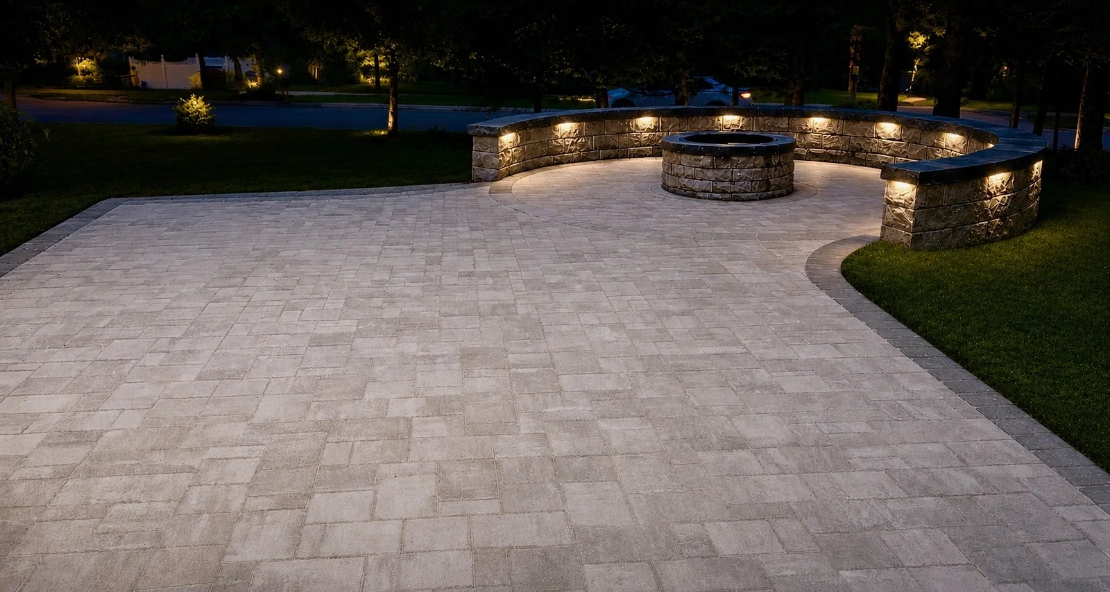 Curved stone fire pit and patio at night built by Up North Scapes