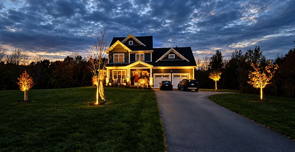 Backyard design property with landscape uplighting on driveway trees at dusk - Up North Scapes NH