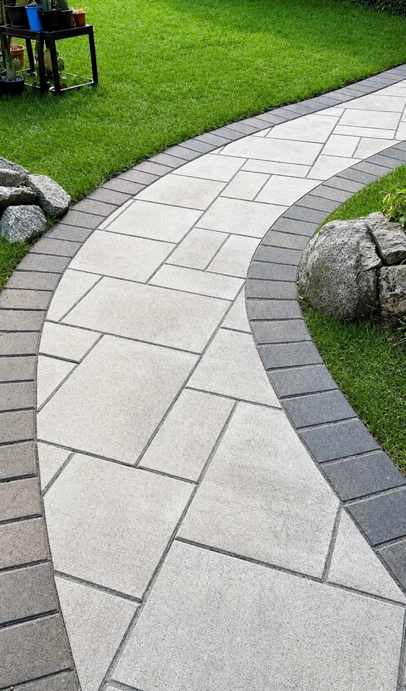 Curved light paver walk with a charcoal border across a lawn, beside boulders
