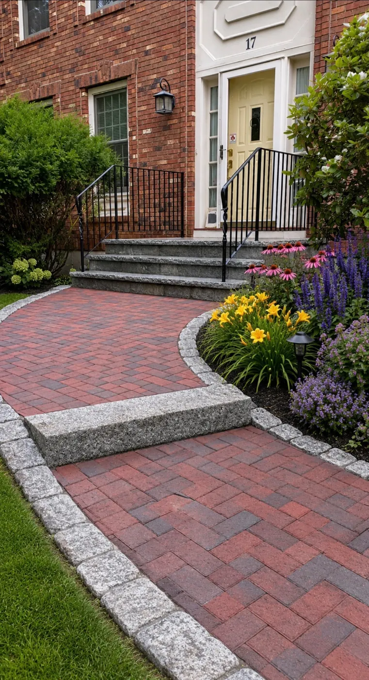 Curved red paver walk with granite cobble edging leading to granite slab steps and planted beds