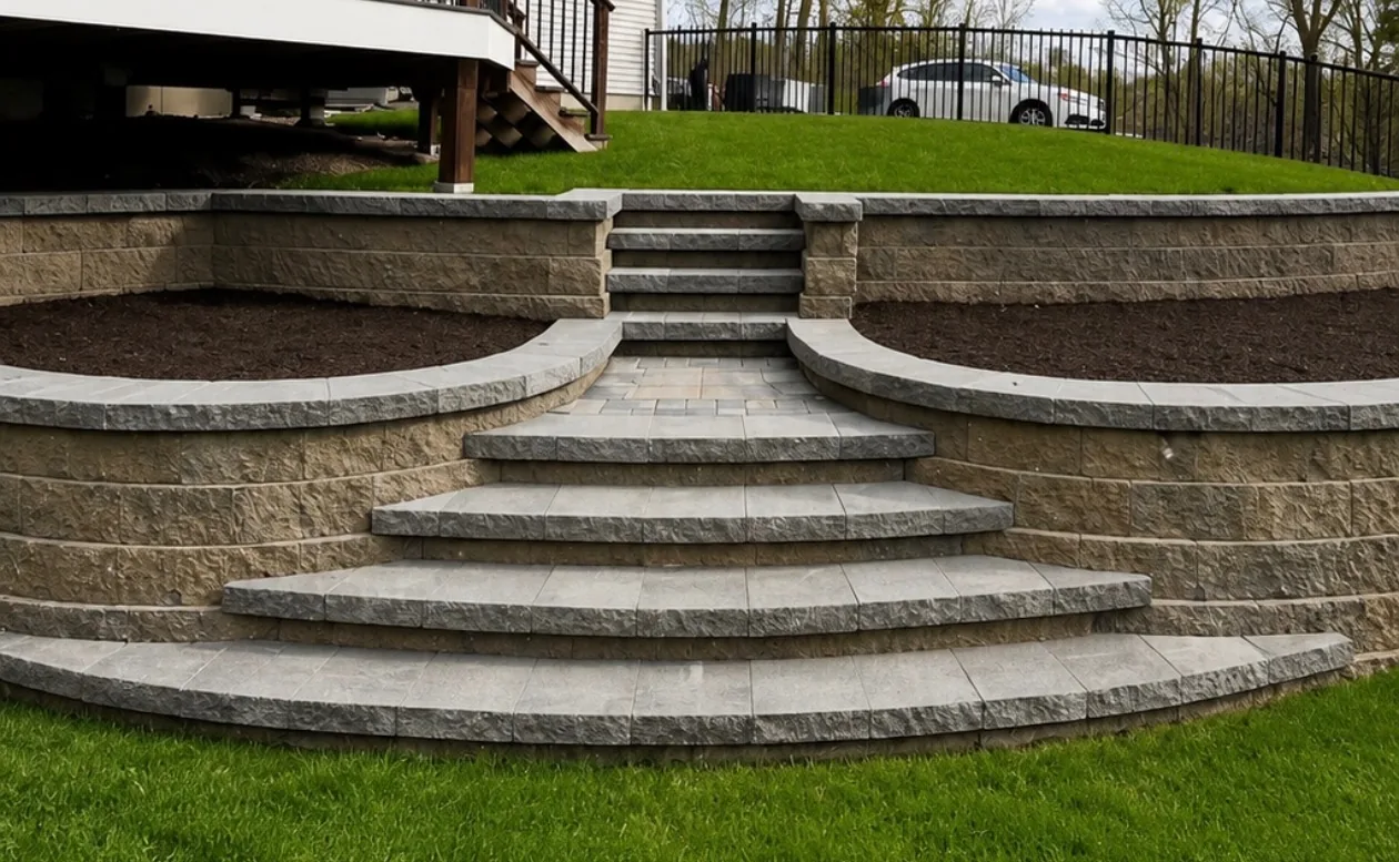 Wide curved block steps rising between two curved retaining walls to an upper lawn