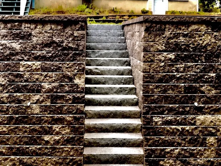 Block stairs climbing between two tall walls
