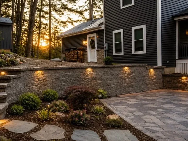 Block wall with lights under the cap beside a paver patio and stepping stones at dusk