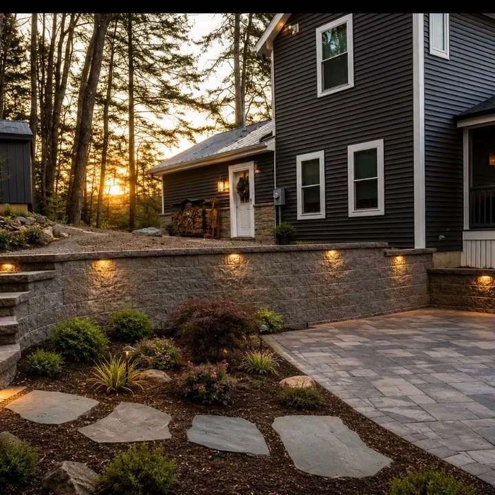 Block wall with lights under the cap beside a paver patio and stepping stones at dusk