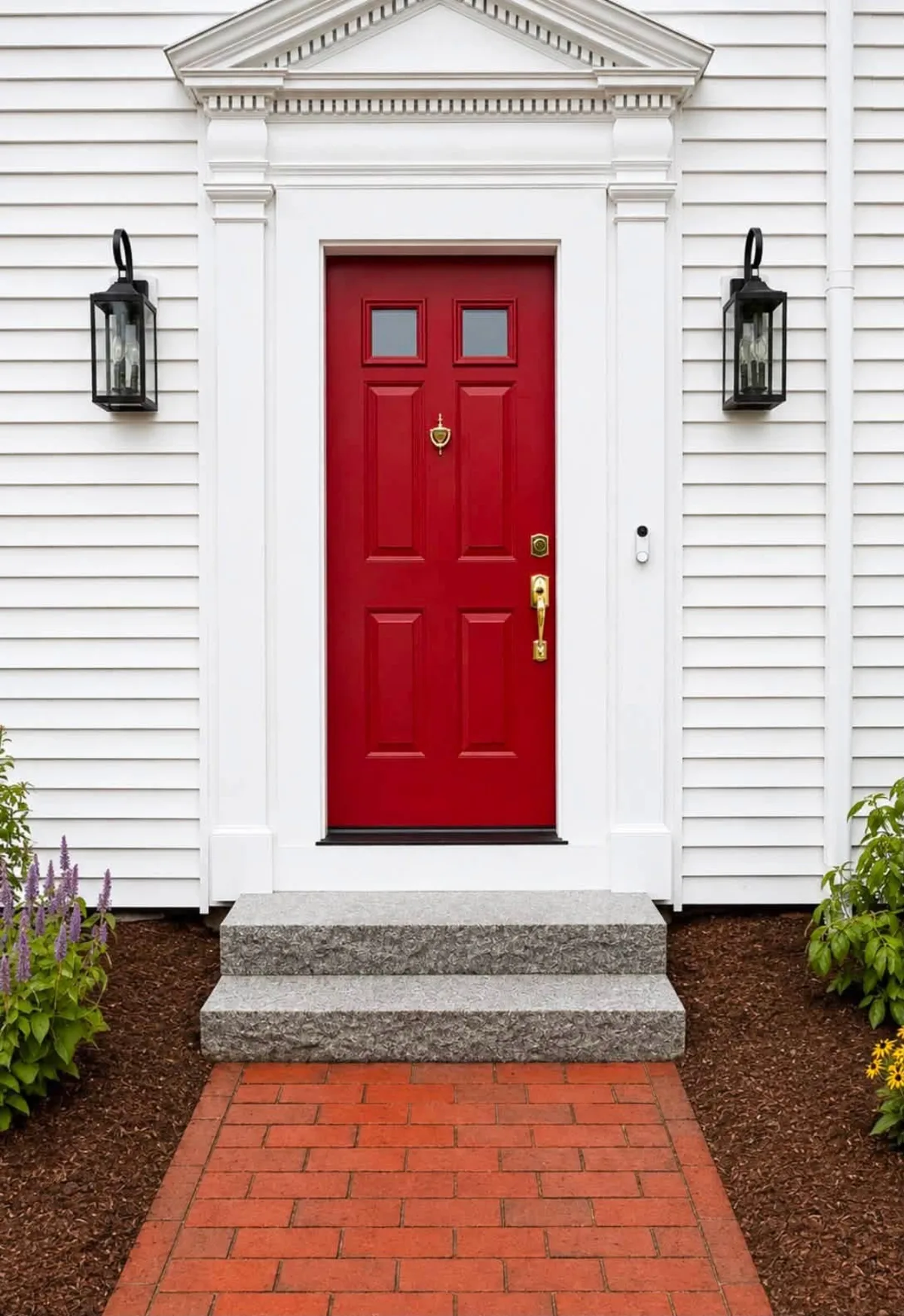 Finished granite entry steps with a brick walkway