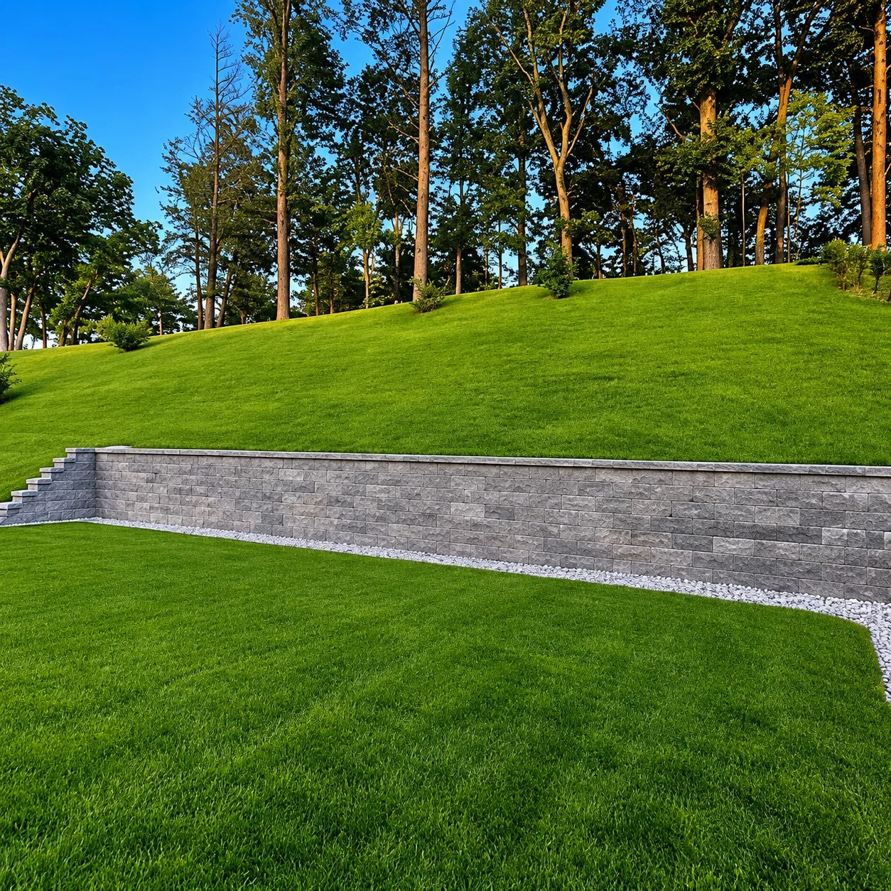Finished block retaining wall with built in steps holding back a grown in grass hill above a full green lawn