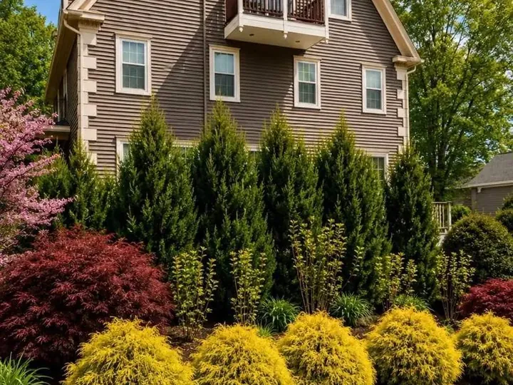 Tall grown in evergreen screen with low gold shrubs in front, beside a driveway