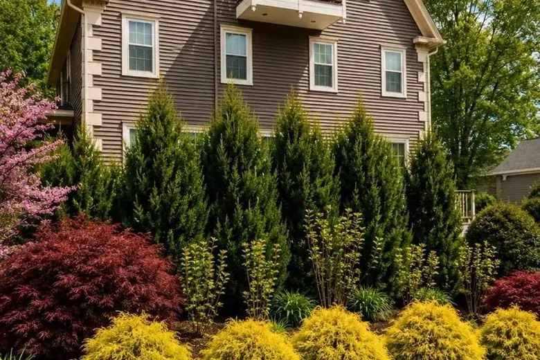 Tall evergreen privacy screen with low gold shrubs in front, beside a driveway