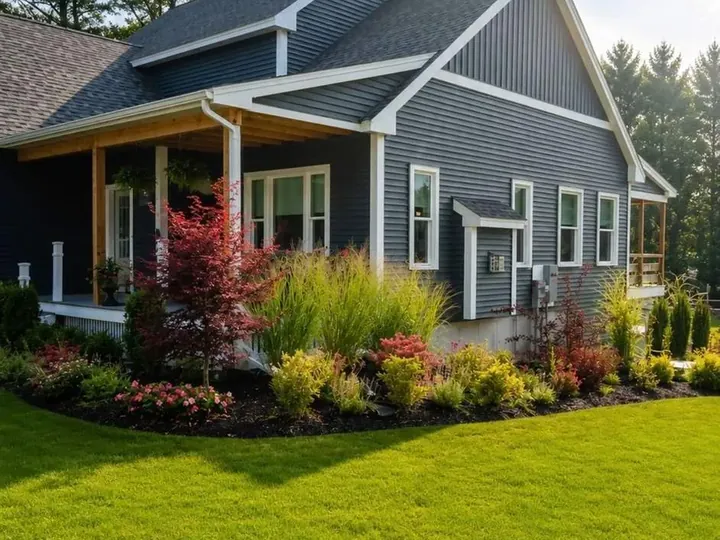 Grasses and colorful shrubs across the front of a gray house