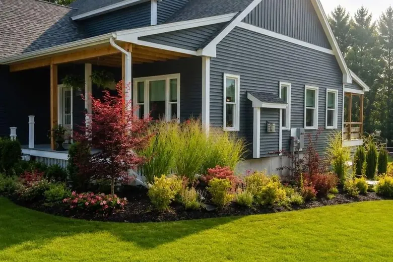 New foundation plantings of grasses and colorful shrubs across the front of a gray house