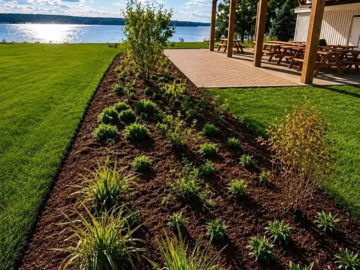 Ornamental grasses in a long bed beside a porch