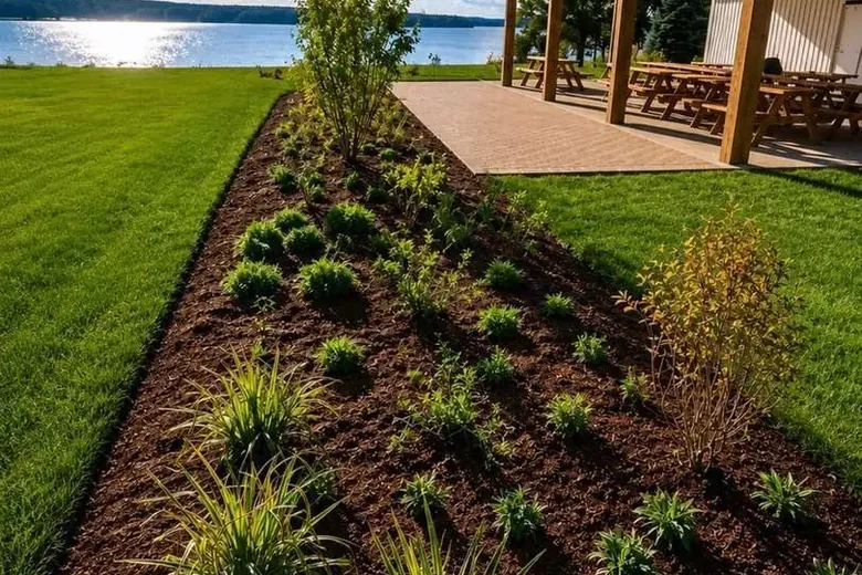 Long bed of ornamental grasses and shrubs running beside a lakeside porch