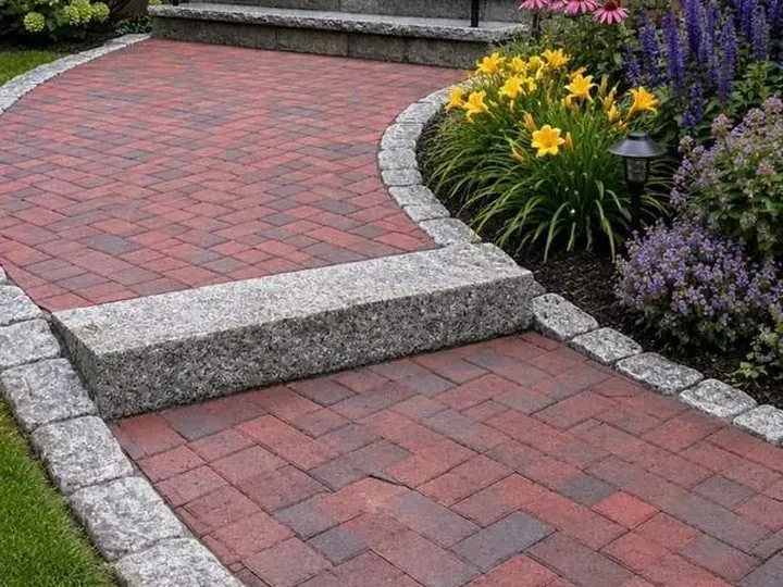 Brick walk with a granite cobble edge leading to front steps