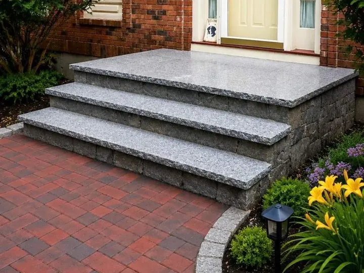Granite steps up to a brick house with a paver walk below