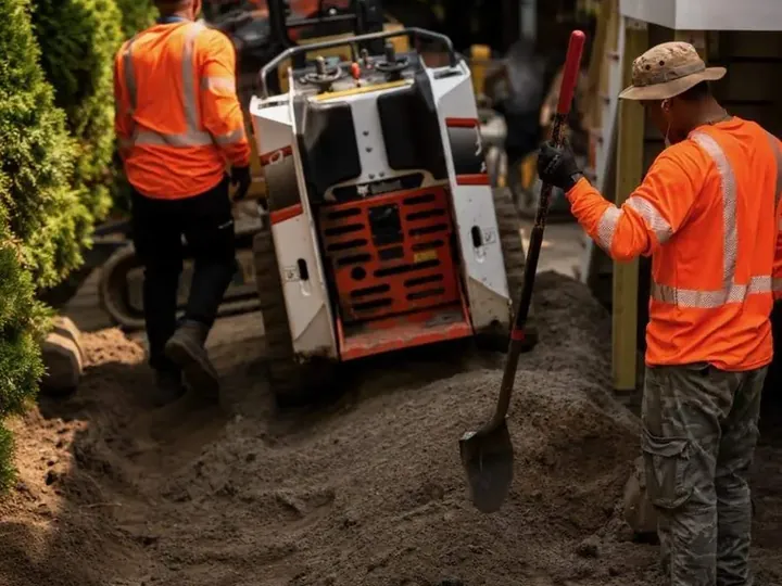 Crew compacting the base on a walkway job