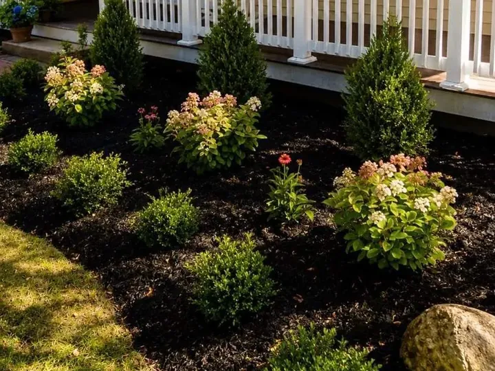 New shrubs and hydrangeas planted in a bed along a front porch