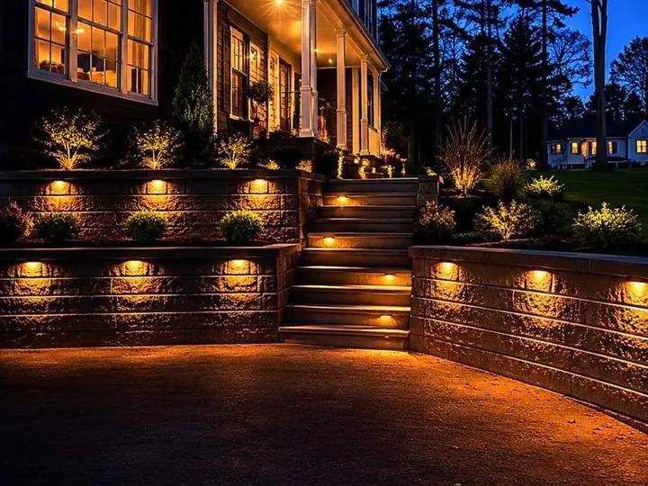 Block walls and steps lit along the back of a house at night