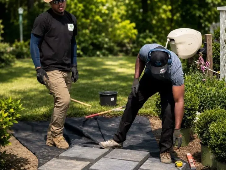 Crew setting stone over fabric on a prepared base