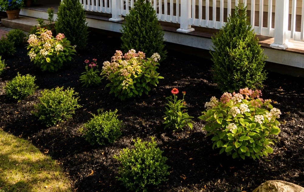 Blue and white hydrangea blooms in a New Hampshire landscape