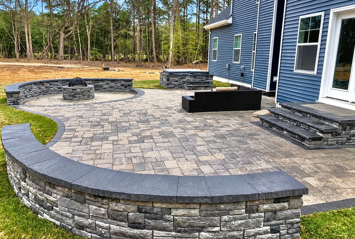 Paver patio with a curved stone seating wall, fire pit and steps down from a blue house