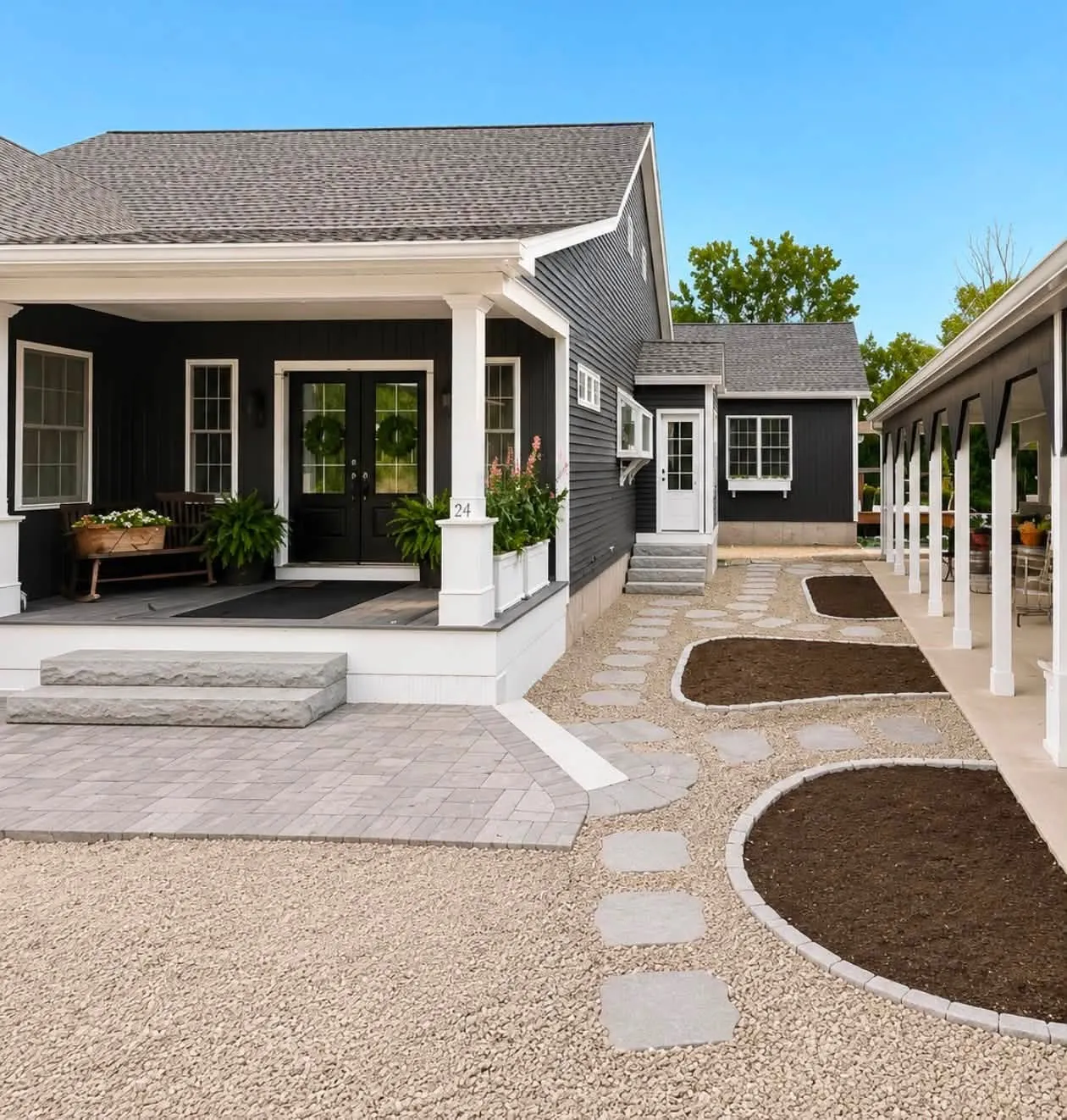Grey paver landing with flagstone steppers in pea gravel along a covered porch