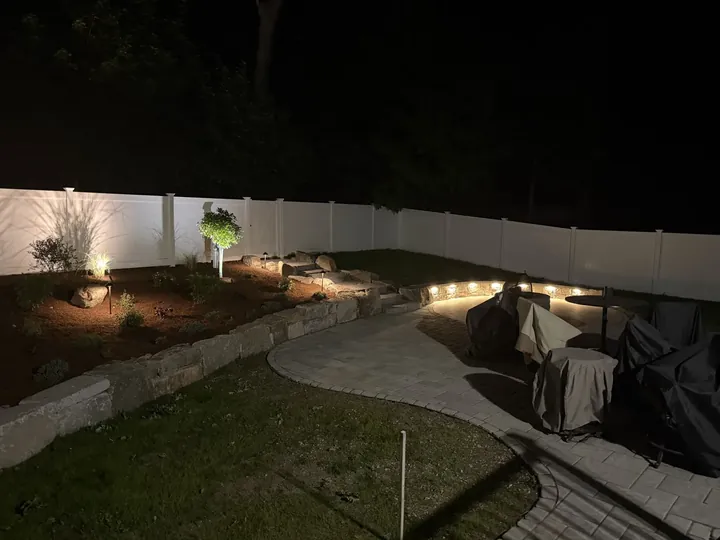 Lit planting bed beside a stone path at night