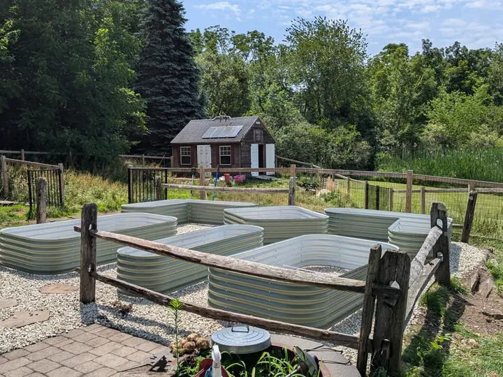 Gravel garden with raised beds