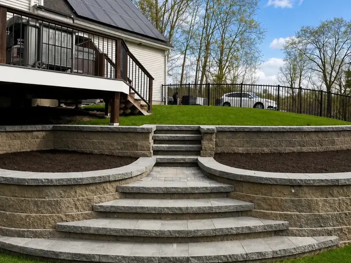 Finished two tier block retaining wall with curved steps, lawn and planting beds