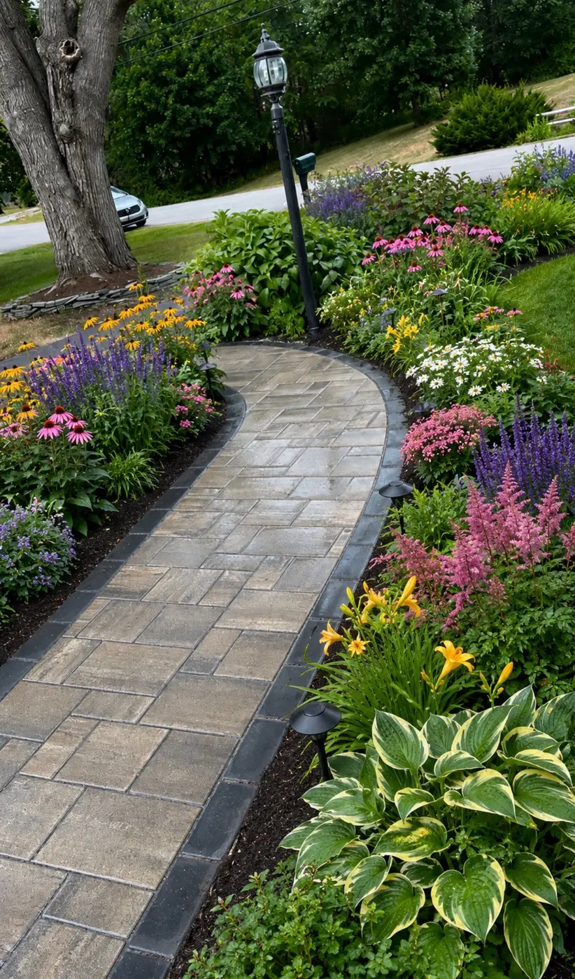 Curved paver walkway edged in charcoal running between perennial beds with path lighting