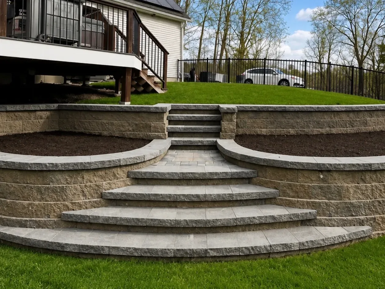Tiered block retaining wall with a fanned run of granite steps