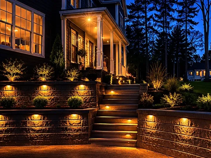 Tiered block walls and steps lit at night below a house