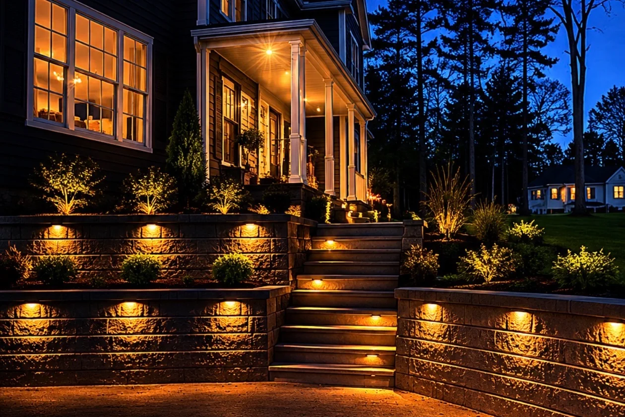 Tiered block retaining wall with lit steps and planting beds at night, built by Up North Scapes at a New Hampshire home